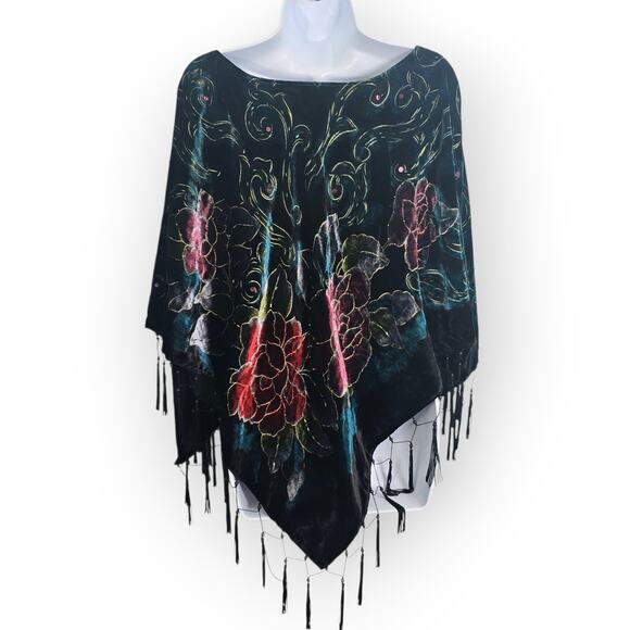 Coldwater Creek Velvet Burnout Beaded Floral Poncho Tassel Fringe OS - Picture 2 of 8
